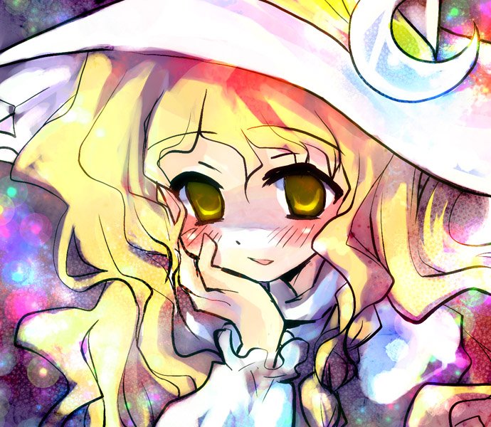 blonde_hair blush braid chin_rest close-up closed_mouth crescent face hat kirisame_marisa long_sleeves looking_at_viewer queen_qko single_braid smile solo touhou upper_body witch_hat