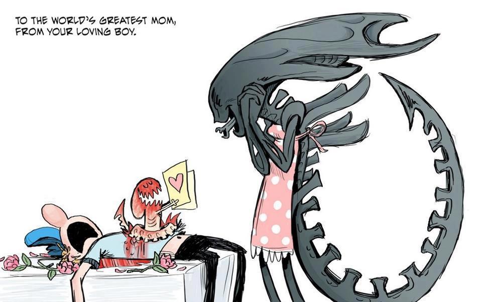 &hearts; alien alien_(franchise) alien_(movie) apron baseball_cap blood card corpse cute dead death dialog dialogue english_text female flower gore hat holidays human humor invalid_tag male mammal mother mother's_day parent smile table text xenomorph young