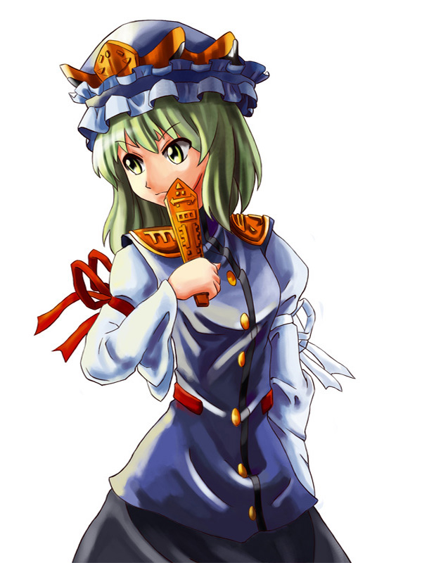 artist_request bow green_eyes green_hair hat ribbon rod_of_remorse shiki_eiki simple_background solo touhou