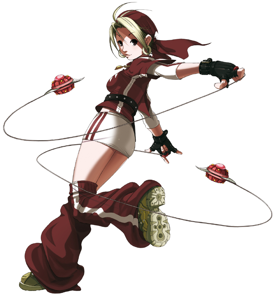 \m/ antenna_hair bandana belt blade blonde_hair dual_wielding earrings falcoon fingerless_gloves from_behind full_body gloves holding hoop_earrings jewelry leg_up looking_back malin miniskirt necklace official_art pencil_skirt pendant shoe_soles shoes short_hair simple_background skirt smile sneakers snk solo standing standing_on_one_leg striped the_king_of_fighters the_king_of_fighters_2003 thighhighs weapon yo-yo