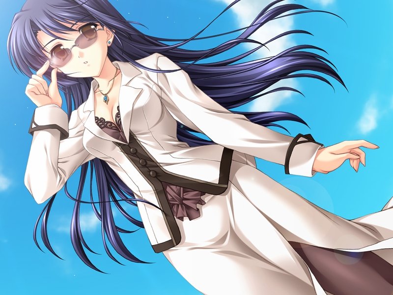 adjusting_eyewear akino_takehiko ankoromochi bangs blazer blue_hair bra breasts business_suit buttons cleavage cloud day dutch_angle earrings fingernails formal game_cg hayama_mitsuki jacket jewelry lace lace-trimmed_bra lens_flare lingerie long_fingernails long_hair long_skirt looking_at_viewer mature medium_breasts necklace office_lady outdoors pantyhose pencil_skirt pendant scarlett skirt skirt_suit sky solo standing suit sunglasses underwear very_long_hair white_skirt wind yellow_eyes