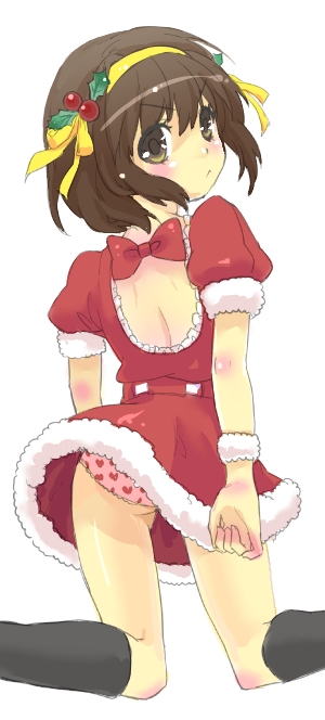 christmas medium_hair panties pantyshot santa_costume solo suzumiya_haruhi suzumiya_haruhi_no_yuuutsu tomako underwear