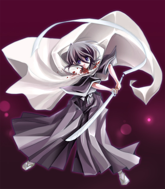 black_hair bleach blood cloak izumiya_otoha kuchiki_rukia shikai sode_no_shirayuki_(shikai) solo sword weapon