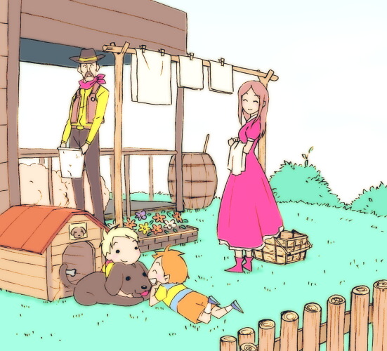 3boys ^_^ bad_id bad_pixiv_id barrel basket blonde_hair bone brown_hair bush child claus closed_eyes cowboy cowboy_hat dog doghouse dress facial_hair family fence flint flower flower_bed grass hat hinawa laundry lucas mother_(game) mother_3 multiple_boys mustache orange_hair pink_dress sasa_(:disposition) solid_circle_eyes vest western