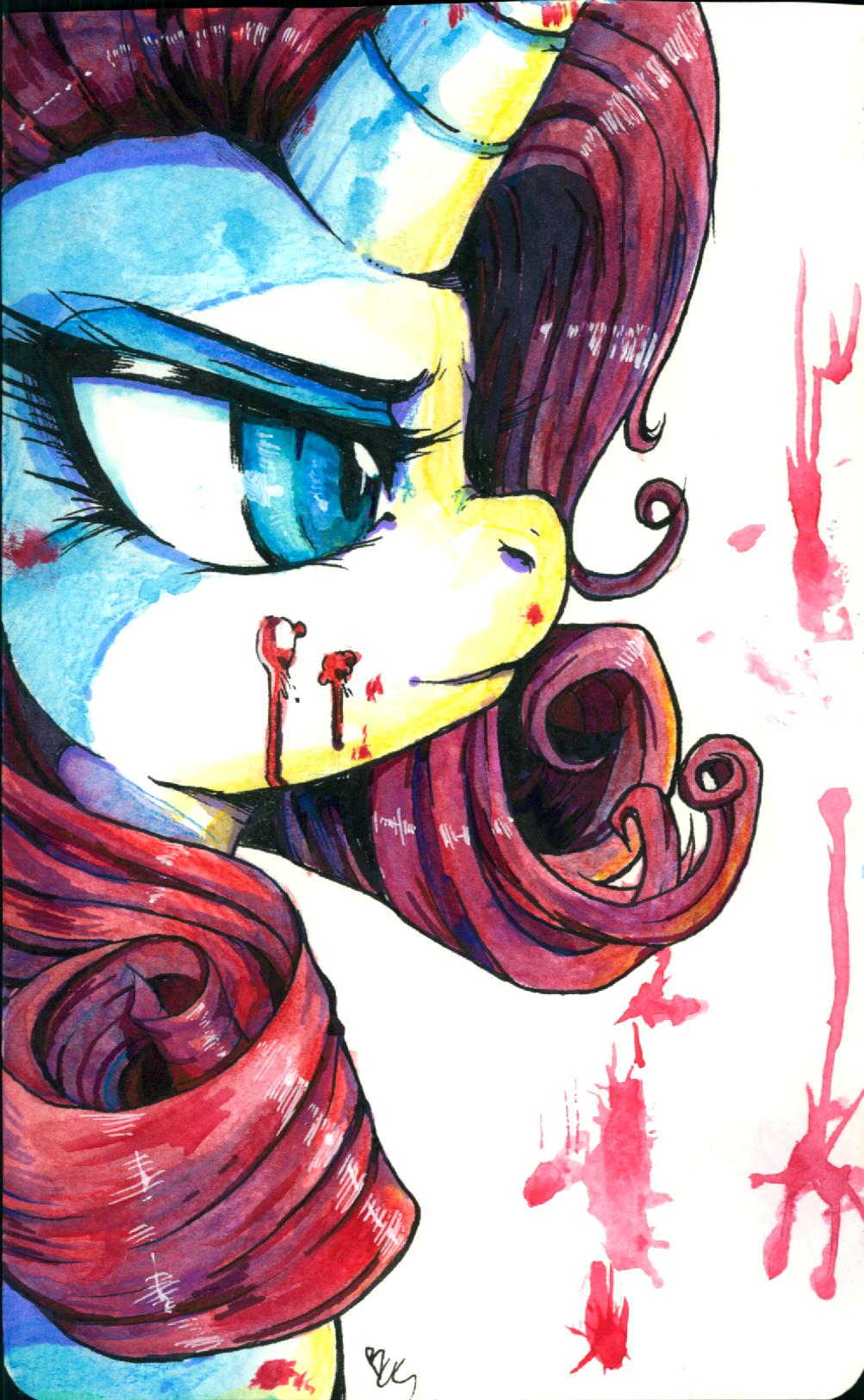 buttercup_saiyan equine female feral friendship_is_magic grimdark horn mammal my_little_pony painting rarity_(mlp) rarity_red solo traditional_media unicorn watercolor watercolour