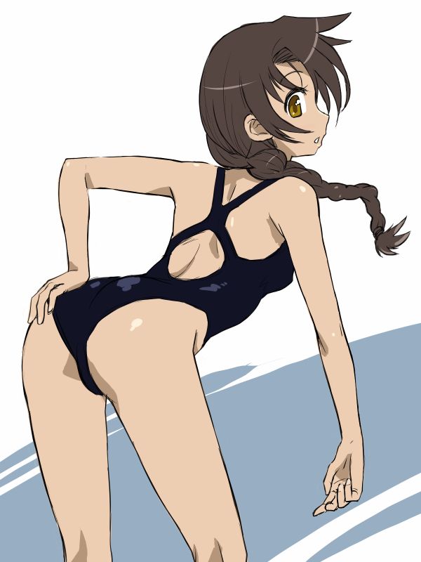 ass back bent_over braid brown_eyes brown_hair copyright_request long_hair looking_back michael one-piece_swimsuit solo swimsuit