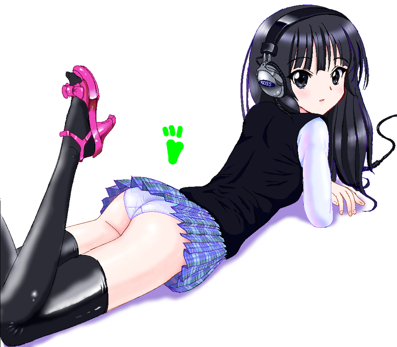akiyama_mio ass black_eyes black_hair blush headphones high_heels k-on! koss long_hair looking_back lying miniskirt on_stomach panties pleated_skirt product_placement shoes simple_background skirt solo sweater_vest thighhighs underwear white_background white_panties zz-r