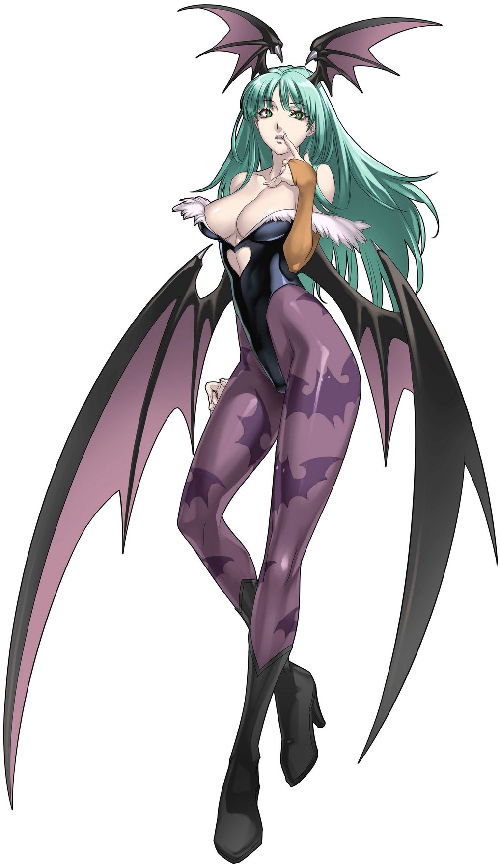 1girl aqua_hair artist_request bare_shoulders bat_wings blue_hair boots breasts bridal_gauntlets capcom cleavage cross_edge demon_girl demon_wings elbow_gloves finger_to_mouth fur_trim gloves green_eyes green_hair head_wings high_heels highleg highres knee_boots large_breasts leotard long_hair long_legs morrigan_aensland nakamura_tatsunori official_art open_mouth pantyhose pointing print_legwear print_pantyhose purple_legwear shiny shiny_clothes shoes simple_background solo standing succubus vampire_(game) wings
