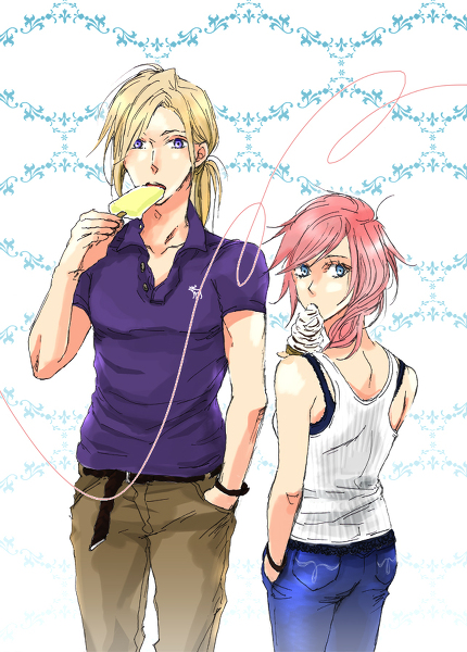 1boy 1girl bare_shoulders belt blonde_hair blue_eyes bracelet breasts cain_highwind casual dissidia_final_fantasy final_fantasy final_fantasy_iv final_fantasy_xiii food ice_cream jewelry lightning_farron pants pink_hair pixiv_thumbnail purple_eyes resized sato_(ginger)