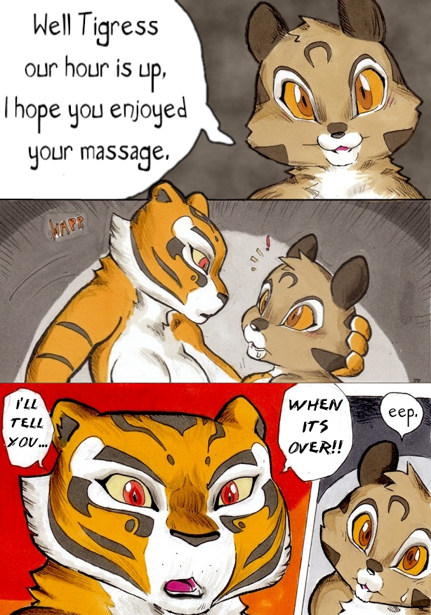 better_late_than_never breasts brown_eyes cleavage clothed clothing comic daigaijin edit english_text feline female kung_fu_panda lesbian mammal master_tigress mei_ling open_mouth parody red_eyes simple_background south_chinese_mountain_cat stripes sweat sweatdrop text tiger tongue