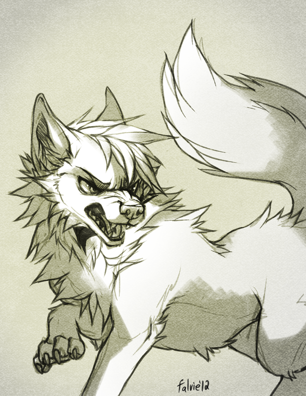 ambiguous_gender black_and_white canine falvie feral fluffy mammal monochrome sketch snarling solo wolf