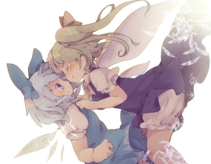 ascot bad_id bad_pixiv_id bloomers blue_eyes blue_hair blush bow cirno closed_eyes daiyousei dress green_eyes green_hair hair_bow hair_ribbon masirosu multiple_girls ribbon short_hair side_ponytail tears touhou underwear white_background wings