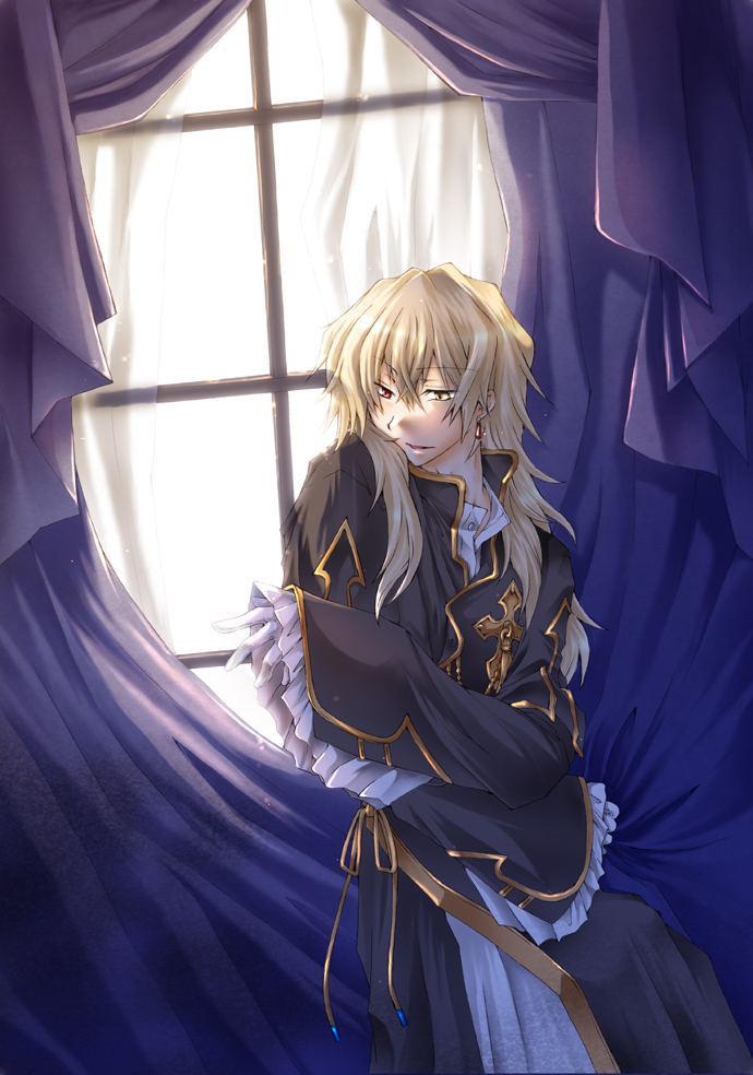 1boy blonde_hair coat earrings frills gloves heterochromia jewelry long_hair open_mouth pandora_hearts vincent_nightray window