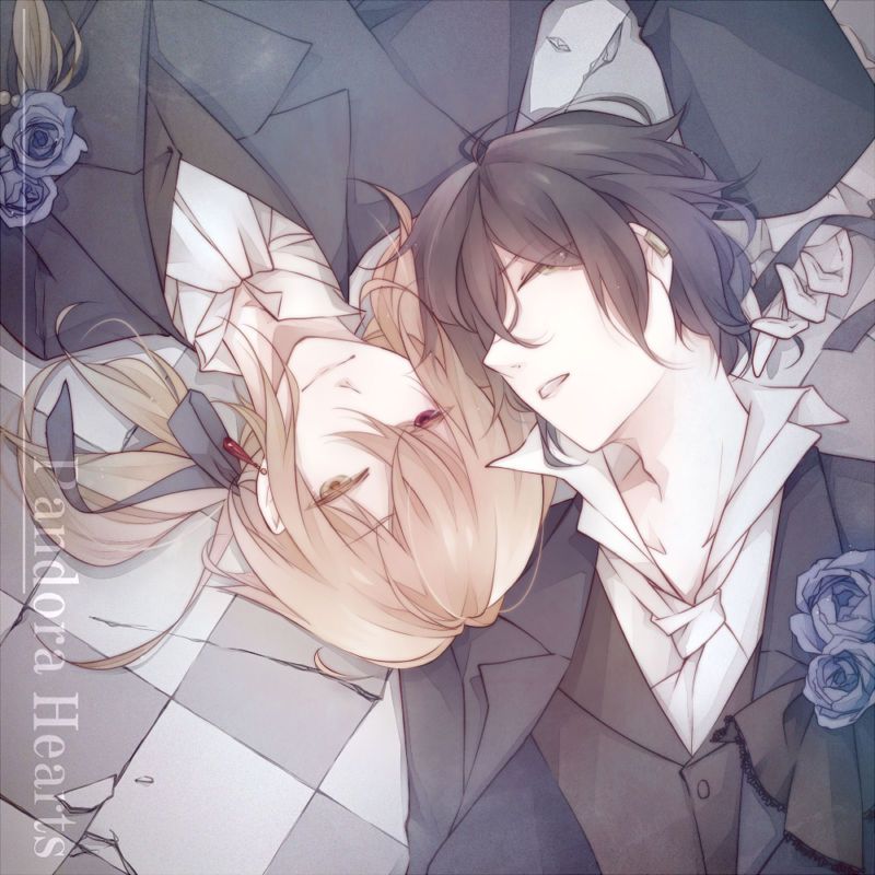 2boys artist_request black_hair blue_rose brown_eyes brown_hair flower formal gilbert_nightray heterochromia multiple_boys pandora_hearts rose sekii short_hair suit vincent_nightray