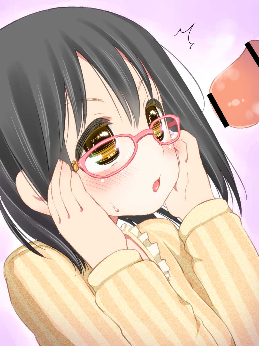 black_hair blush censored face glasses highres idolmaster idolmaster_cinderella_girls kamijou_haruna penis short_hair solo suzune_rai