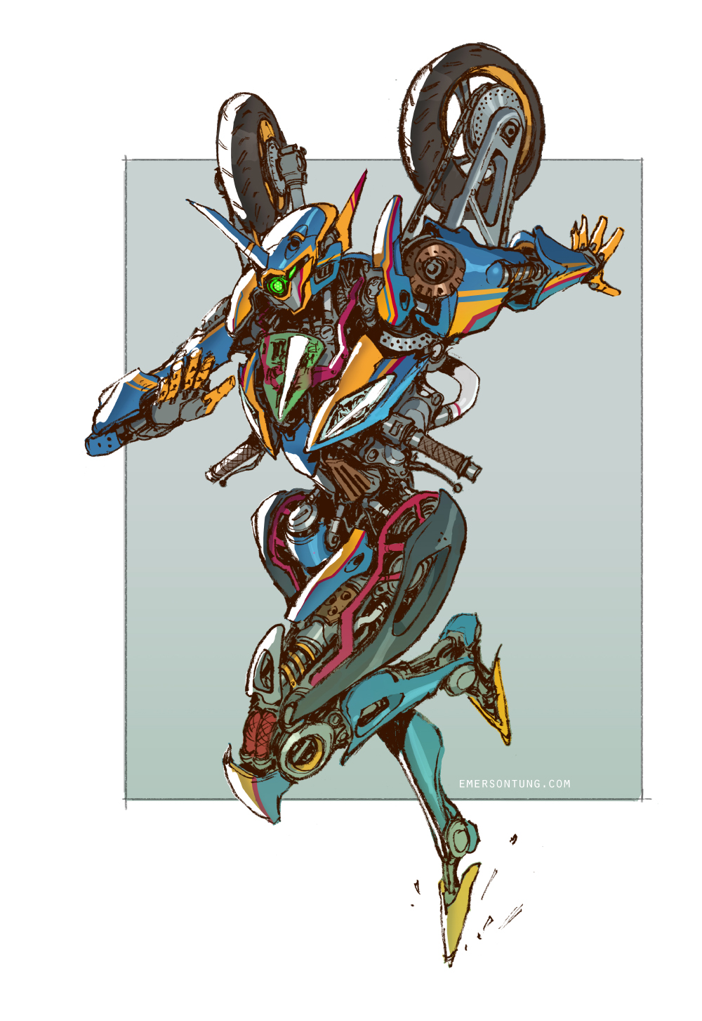 arcee autobot cable commentary debris deviantart_username emerson_tung english_commentary flying handlebar highres jumping machinery mecha original radio_antenna redesign robot science_fiction signature sketch solo tire transformers transformers_animated transformers_prime