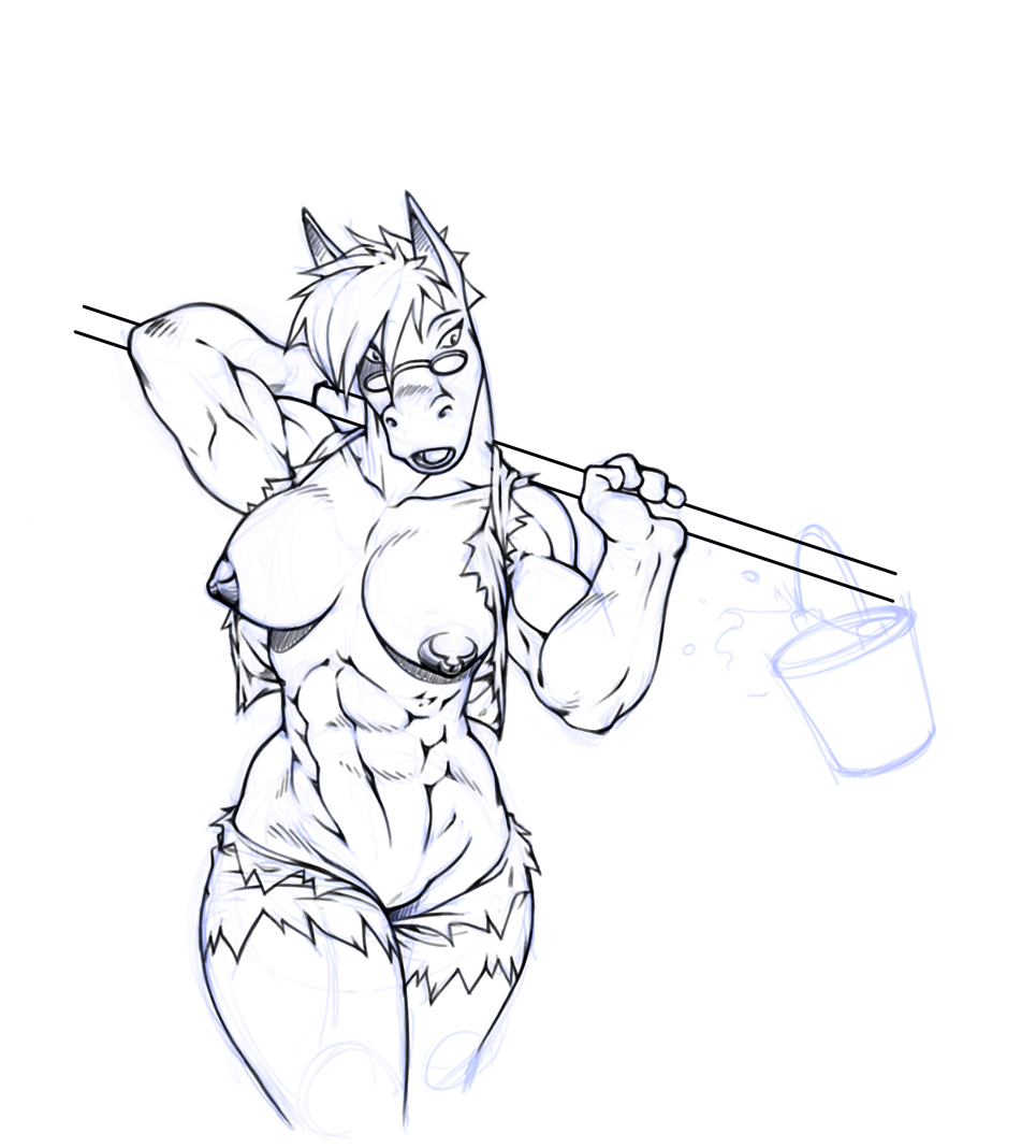 biceps big_breasts breasts bucket clothing dalus equine eyewear female glasses horse invalid_tag mammal mane monochrome muscles muscular_female nipples pail shorts sketch torn_clothing vest