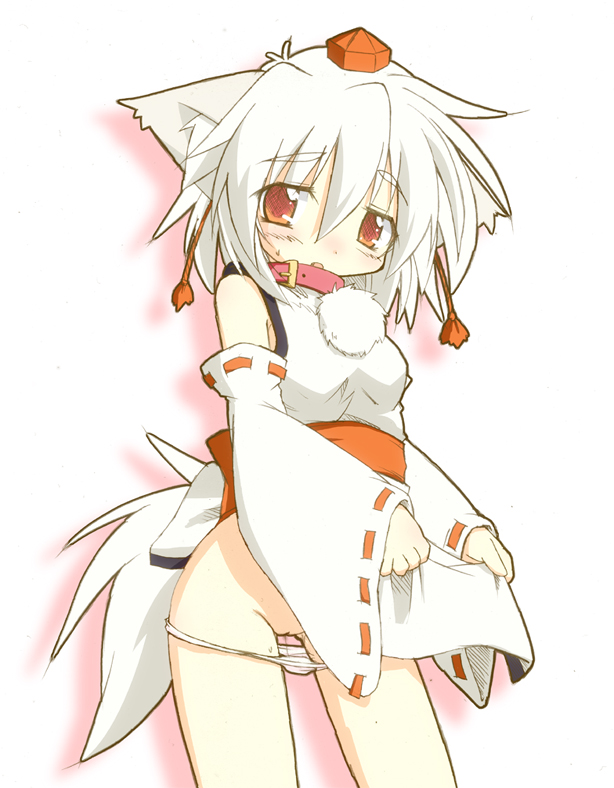 animal_ears bare_shoulders collar detached_sleeves hat inubashiri_momiji no_pants panties panty_pull pussy pussy_juice short_hair silver_hair simple_background solo suzukishi tail tokin_hat touhou underwear wolf_ears wolf_tail