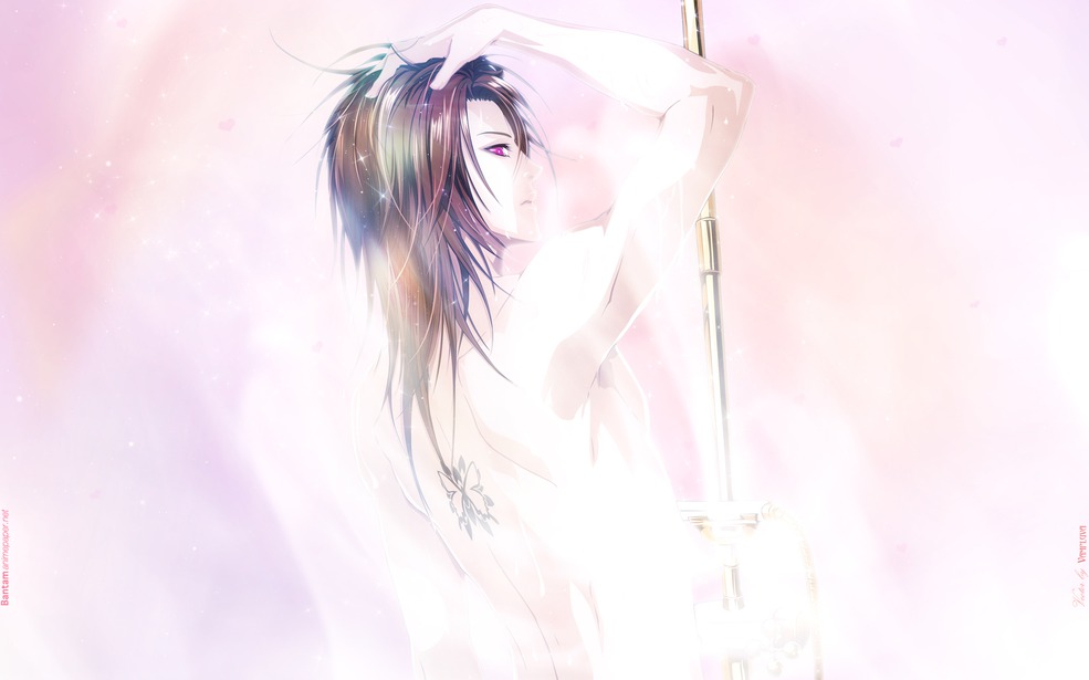 1boy alvaro_garay artist_request bishie brown brown_hair butterfly character_request eyes guy hair long_hair male male_focus muscles nude pink pink_eyes shower solo source_request tattoo wand_of_fortune