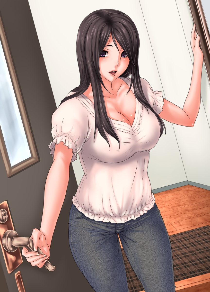 black_hair breasts cleavage denim door highres jeans kill_time_communication large_breasts long_hair looking_at_viewer mature mole open_mouth pants purple_hair rokko rug smile solo