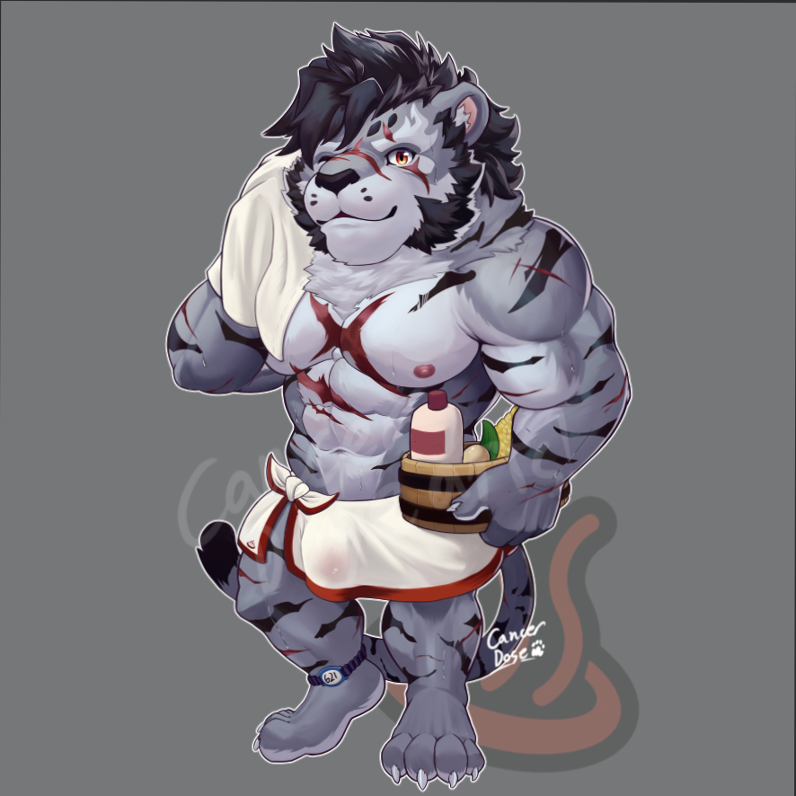 1boy abs animal_ears bara bucket cancerdoge chibi claws corn egg english_commentary furry furry_male holding holding_bucket holding_towel looking_at_viewer male_focus multiple_scars onsen_symbol pectorals scar scar_across_eye scar_on_arm scar_on_chest scar_on_face scar_on_leg scar_on_nose scar_on_shoulder scar_on_stomach sdorica shampoo_bottle signature standing tail tiger_boy tiger_ears tiger_stripes tiger_tail topless_male towel towel_around_waist wiping_face yao_(sdorica)