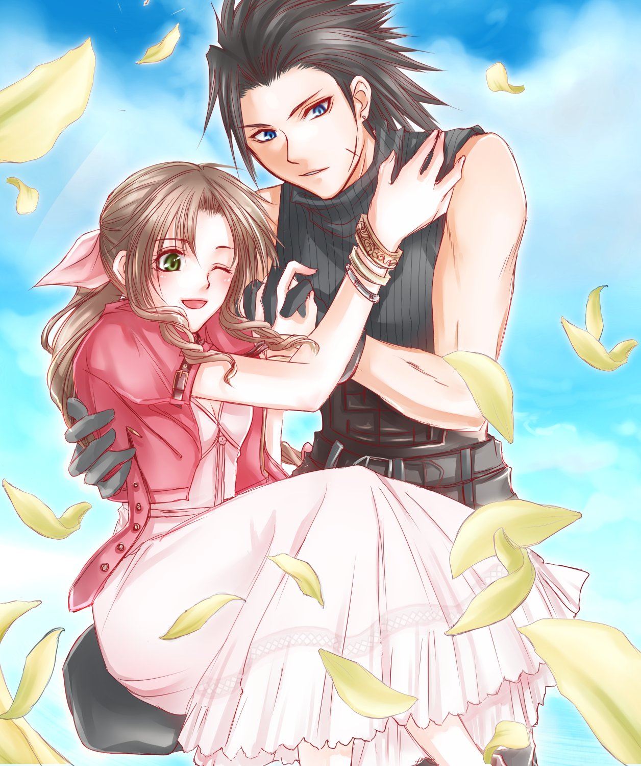 1boy 1girl aerith_gainsborough belt black_belt black_gloves black_hair black_sweater blue_eyes blue_sky bracelet brown_hair cloud cloudy_sky commentary_request couple cropped_jacket cross_scar day dress falling_petals final_fantasy final_fantasy_vii frilled_dress frills gloves green_eyes hair_ribbon hand_on_another's_back hand_on_another's_shoulder hands_up happy highres holding_hands jacket jewelry kneeling long_hair looking_to_the_side medium_hair multiple_belts on_lap one_eye_closed open_clothes open_jacket open_mouth outdoors parted_bangs parted_lips partial_commentary petals pink_dress pink_ribbon ream_(arua) red_jacket ribbon scar scar_on_cheek scar_on_face short_sleeves sitting sitting_on_lap sitting_on_person sky sleeveless sleeveless_turtleneck smile spiked_hair sweater turtleneck v-neck wavy_hair yellow_petals zack_fair