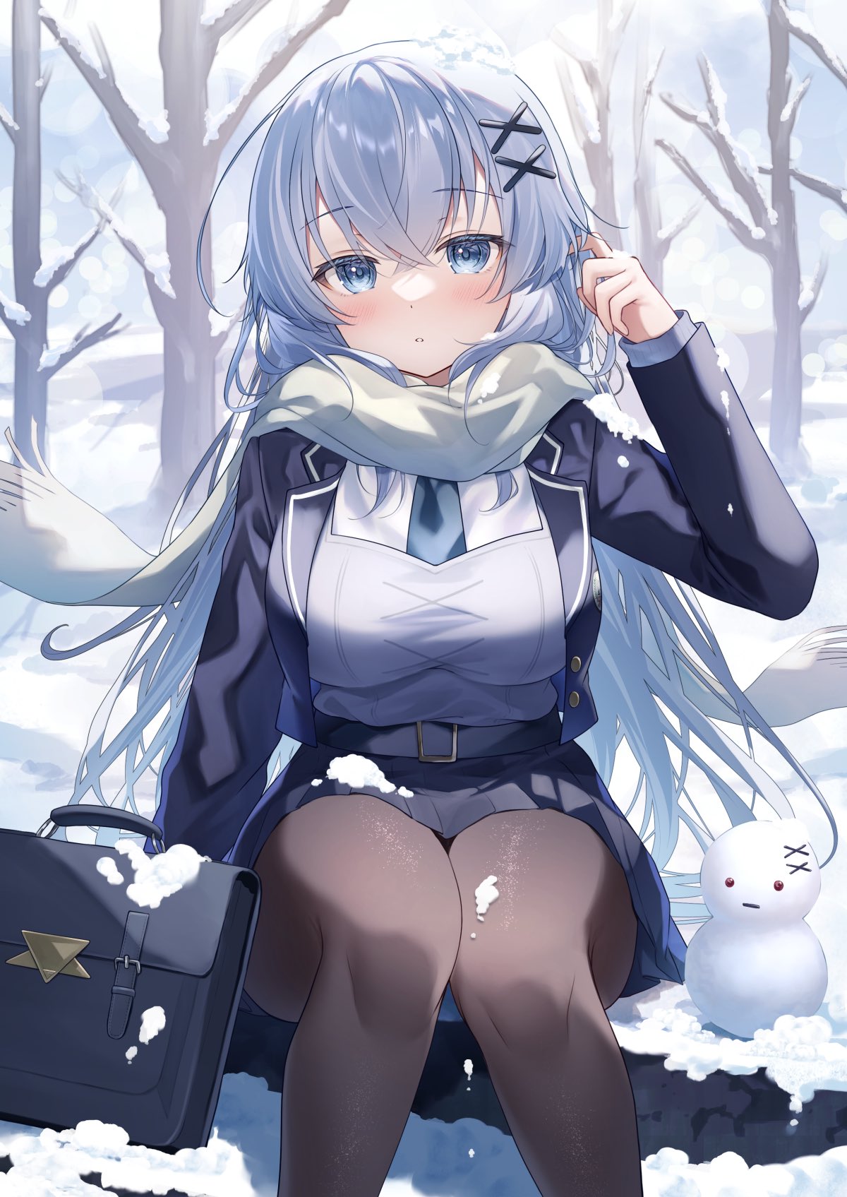 1girl bag black_bag black_pantyhose blue_coat blue_eyes blue_hair blue_necktie blue_skirt blush branch breasts coat commentary crossed_bangs feet_out_of_frame grey_vest gyozanuko hair_between_eyes hair_ornament hand_up handbag highres lapels large_breasts long_hair long_sleeves looking_at_viewer necktie open_mouth original pantyhose pleated_skirt scarf shirt sitting skirt snow_on_body snow_on_head snowing snowman solo symbol-only_commentary tree vest white_scarf white_shirt x_hair_ornament