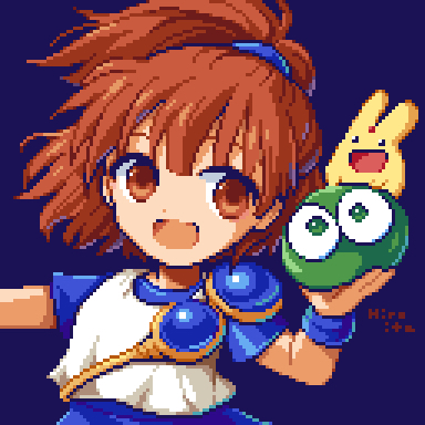 1girl arle_nadja armor blue_background blue_shirt blue_skirt blue_wristband breastplate brown_eyes brown_hair carbuncle_(puyopuyo) dot_nose hiroita holding looking_to_the_side lowres madou_monogatari open_mouth pixel_art puyo_(puyopuyo) puyopuyo shirt shoulder_armor signature simple_background skirt vest white_vest