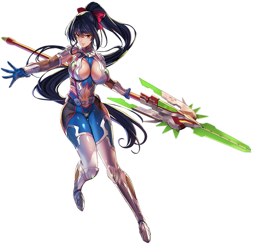 1girl action_taimanin black_hair bodysuit breasts cleavage cleavage_cutout clothing_cutout fishnets full_body hair_ribbon hiiragi_fuyumi holding holding_weapon impossible_bodysuit impossible_clothes large_breasts long_hair ninja polearm ponytail red_eyes red_ribbon ribbon simple_background solo spear taimanin_(series) taimanin_suit weapon