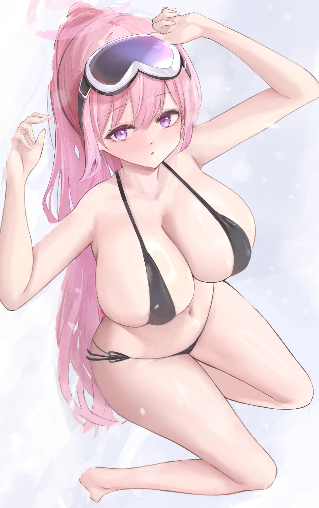 1girl :o bikini black_bikini blue_archive blush breasts cleavage collarbone eimi_(blue_archive) eimi_(swimsuit)_(blue_archive) goggles goggles_on_head halo highres knees_up long_hair looking_at_viewer lying navel neneru on_back on_ground outdoors pink_hair ponytail purple_eyes side-tie_bikini_bottom sideways ski_goggles snow snowing solo stomach swimsuit very_long_hair