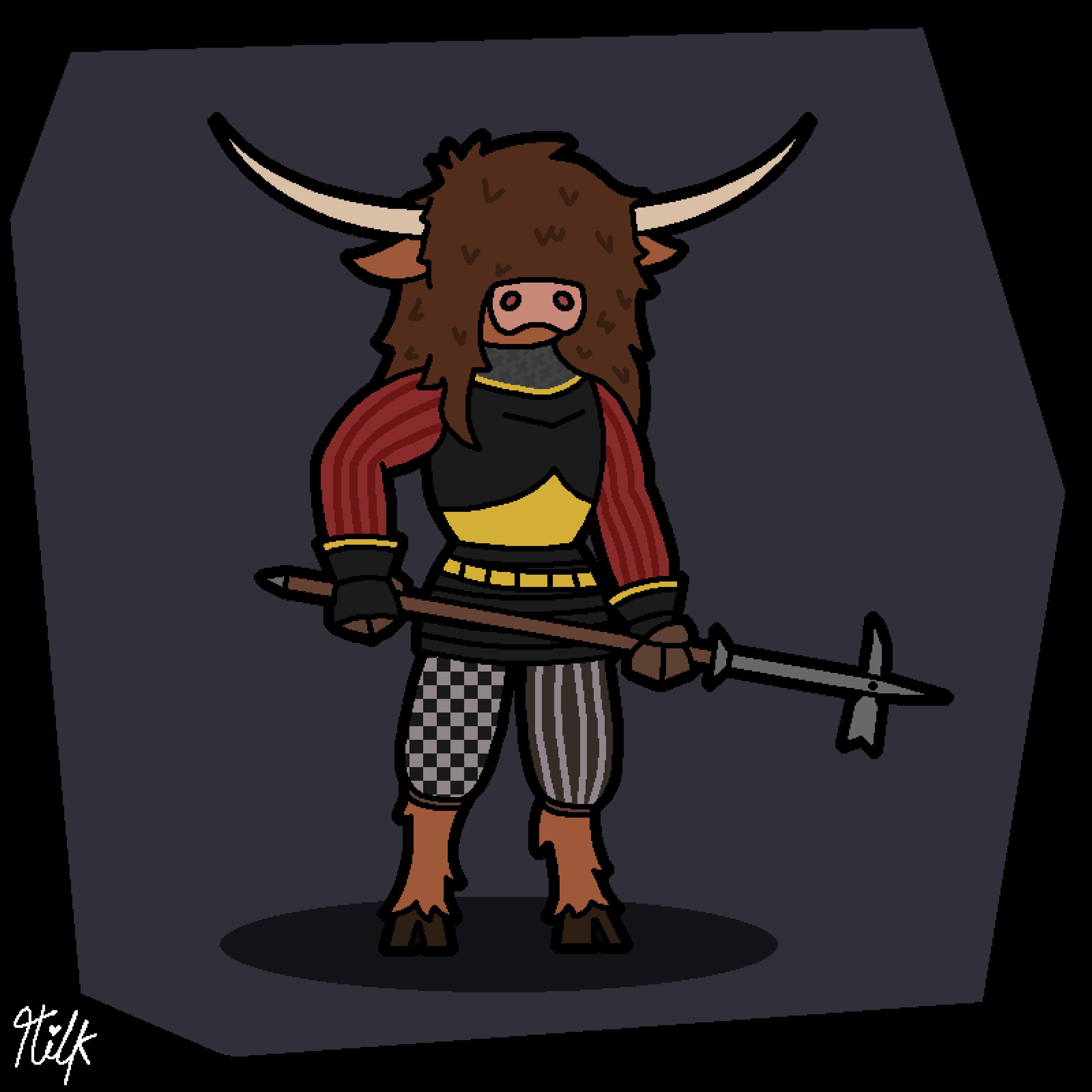 absurd_res anthro armor black_clothing bottomwear bovid bovine brown_body brown_ears brown_fur brown_hair brown_hooves cattle chainmail clothing cuirass digital_drawing_(artwork) digital_media_(artwork) female fur grey_clothing hair hi_res highland_cattle holding_object holding_weapon hooves horn huge_hair legwear long_horn mammal milchritter monika_milchritter_(milchritter) polehammer red_clothing signature solo tan_horn topwear weapon yellow_clothing