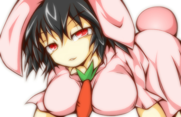 all_fours animal_ears between_breasts black_hair breast_squeeze breasts bunny_ears bunny_tail carrot dress efunosan inaba_tewi large_breasts older red_eyes solo tail touhou