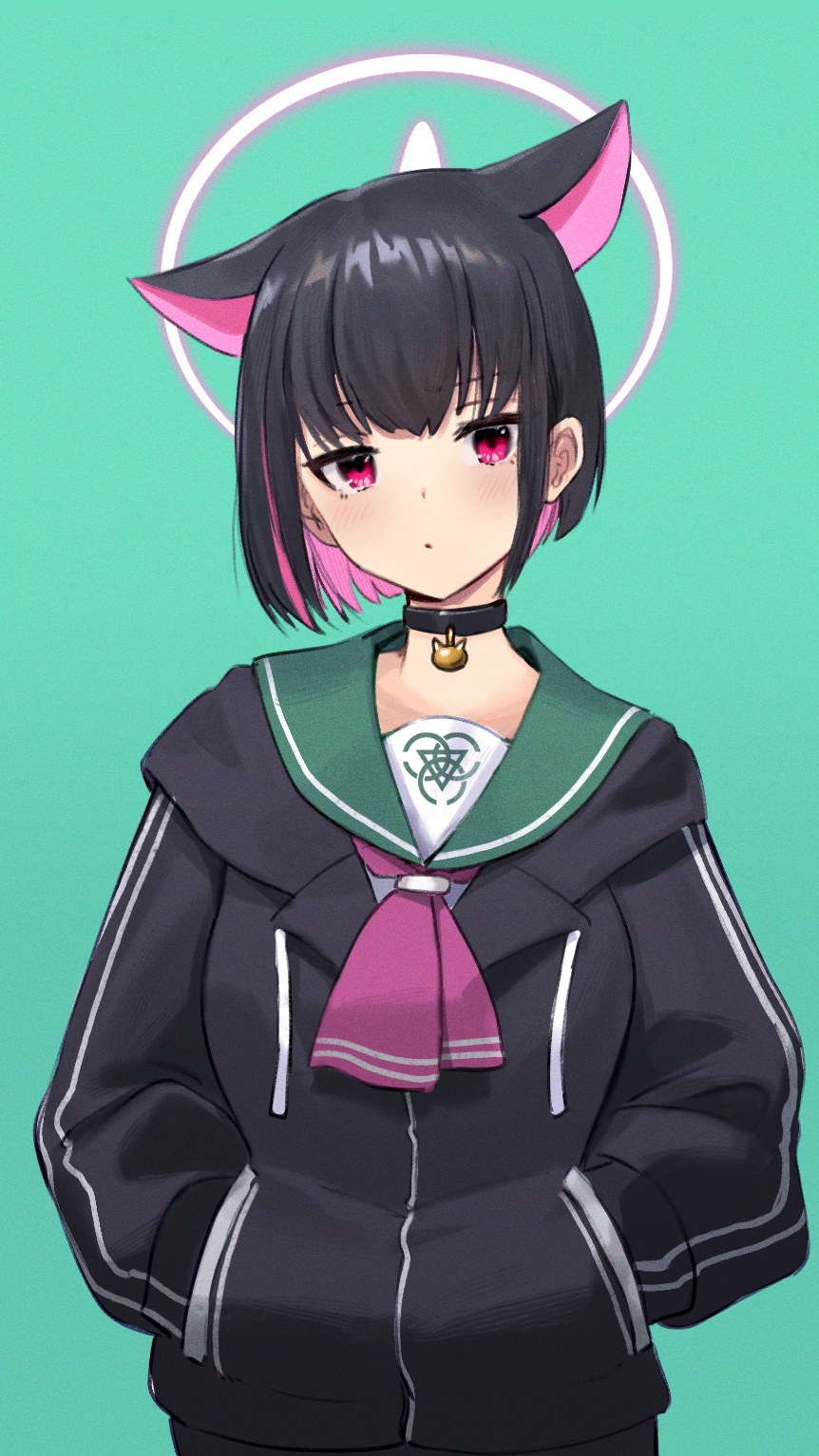 1girl animal_ears black_choker black_hair black_jacket blue_archive blush cat_ears choker closed_mouth colored_inner_hair commentary extra_ears green_background green_sailor_collar halo hands_in_pockets highres hood hooded_jacket jacket kazusa_(blue_archive) long_sleeves looking_at_viewer multicolored_hair pink_hair pink_halo ranyu red_eyes sailor_collar short_hair simple_background solo symbol-only_commentary upper_body