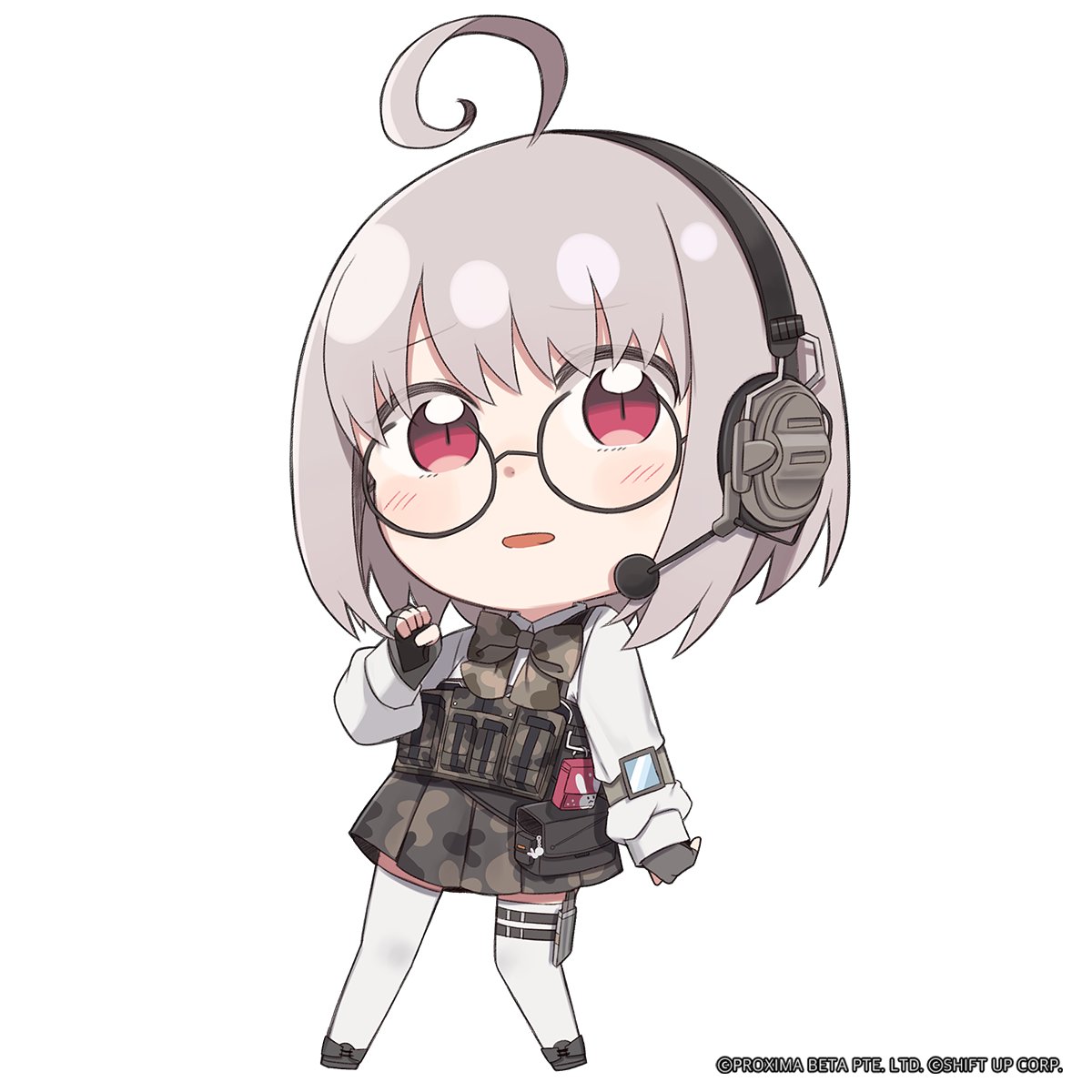 1girl ahoge black-framed_eyewear camouflage camouflage_skirt chibi collared_shirt commentary dress_shirt english_commentary fingerless_gloves full_body glasses gloves goddess_of_victory:_nikke grey_gloves grey_hair hand_up headset highres long_sleeves looking_at_viewer medium_hair official_art open_mouth pouch raised_eyebrows red_eyes ribbon round_eyewear shirt signal_(nikke) skirt solo standing thigh_strap thighhighs totatokeke white_shirt white_thighhighs