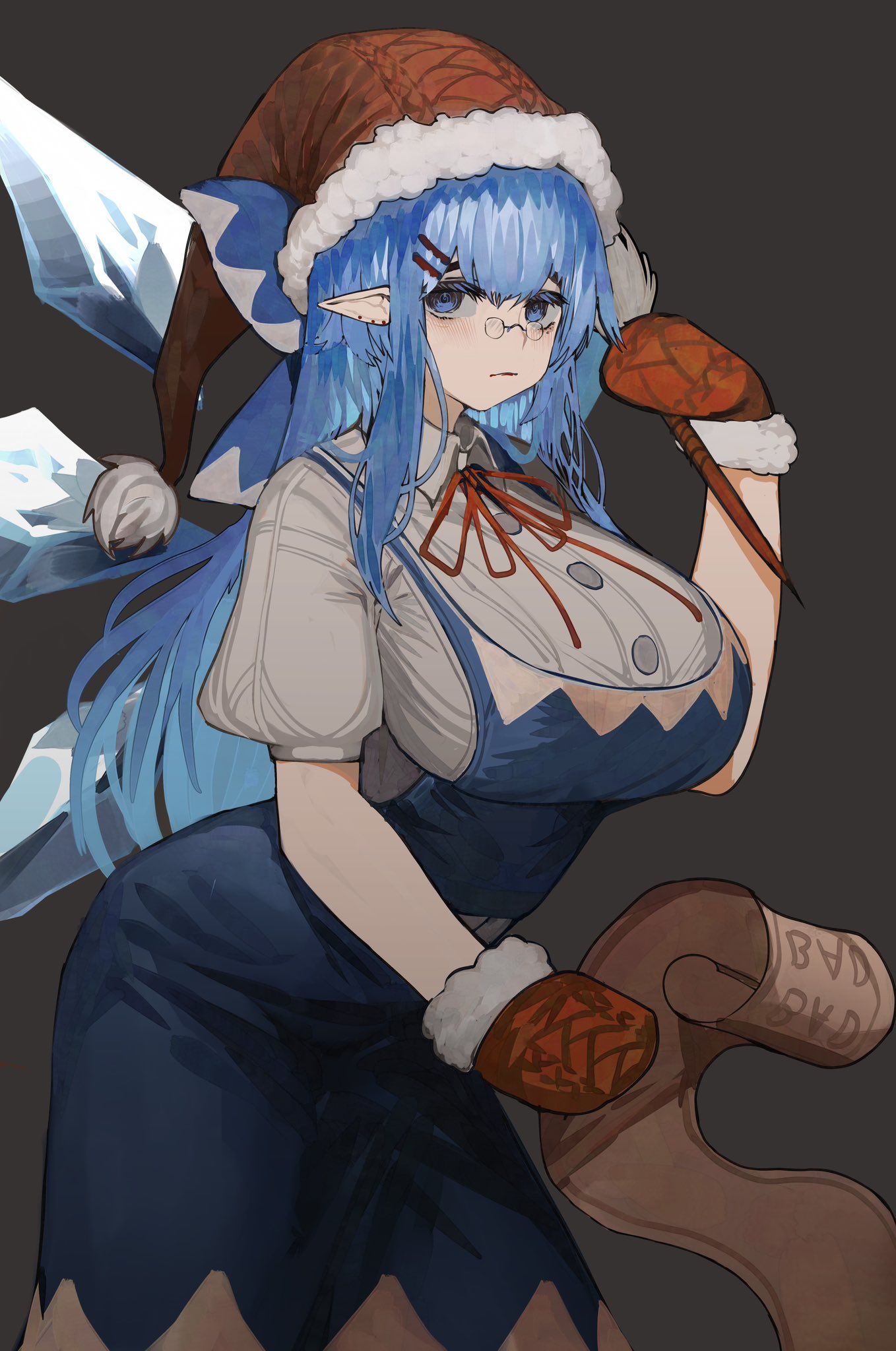 1girl blue_bow blue_dress blue_eyes blue_hair bow breasts cirno cirno-nee colored_eyelashes dress fairy fairy_wings glasses gloves hair_bow hat highres holding ice ice_wings large_breasts long_hair looking_at_viewer pointy_ears red_gloves red_headwear red_ribbon ribbon santa_hat simple_background solo tomatolover16 touhou wings