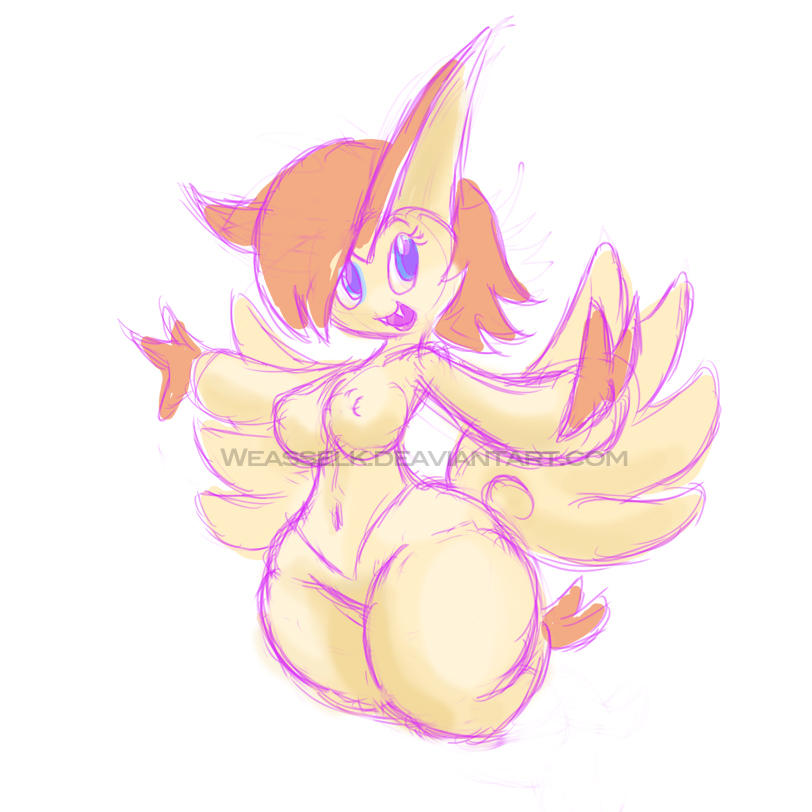 anthro blue_eyes breasts cute_fangs fangs female hair legendary_pok&eacute;mon nintendo nipples nude open_mouth pok&eacute;mon pok&eacute;mon_(species) sketch smile solo thick_thighs victini video_games voluptuous weasselk wide_hips wings