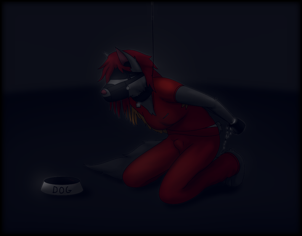 ankle_cuffs anthro blindfold bulge canid canine canis chain chained clothing collar cuff_(restraint) earplugs gynomorph handcuffed handcuffs handwear highlights_(coloring) intersex kneeling leash leashed_collar lock mammal metal_cuffs mittens muzzle_(object) muzzled orange_clothing padlock padlockedpadding pet_bowl prison_uniform prisoner restraints sensory_deprivation solo trans_(lore) trans_woman_(lore) wolf