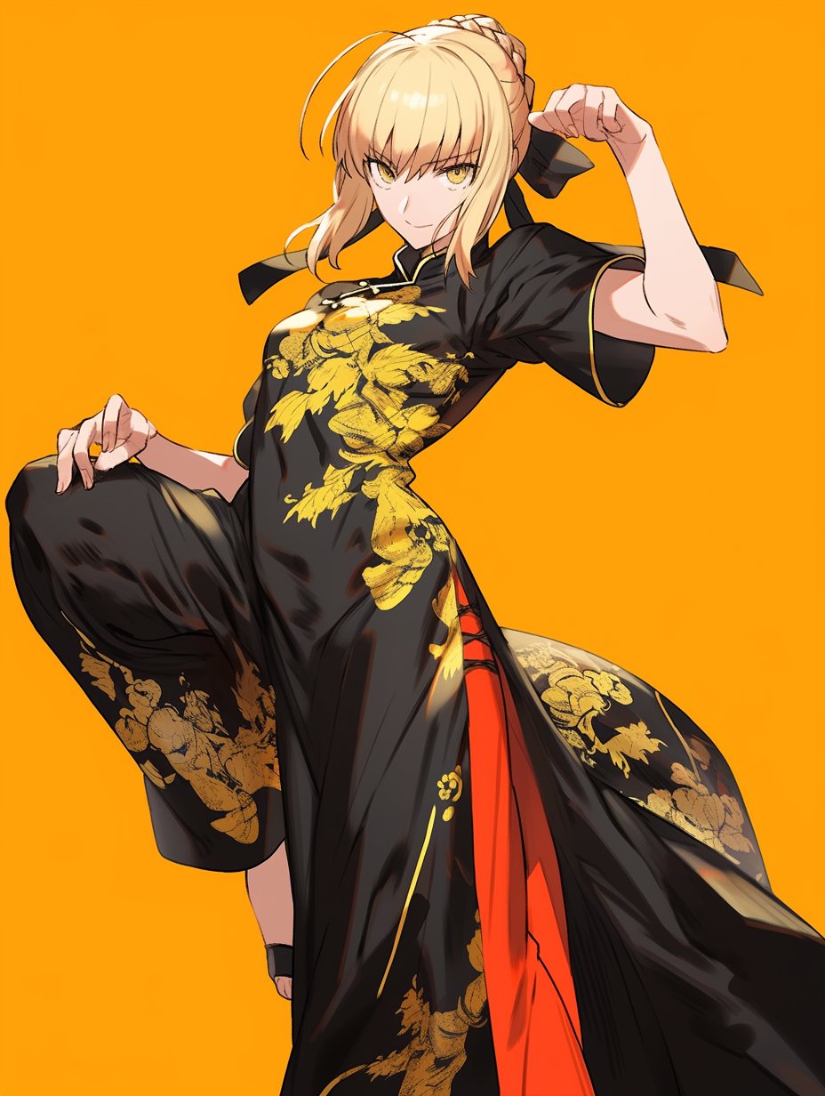 1girl ahoge artoria_pendragon_(fate) black_dress blonde_hair braid dougi dress eyebrows_hidden_by_hair fate/grand_order fate/stay_night fate_(series) fighting_stance floral_print french_braid hair_ribbon highres kung_fu leg_up looking_at_viewer orange_background ribbon saber_alter sidelocks simple_background tarte_(hodarake) yellow_eyes