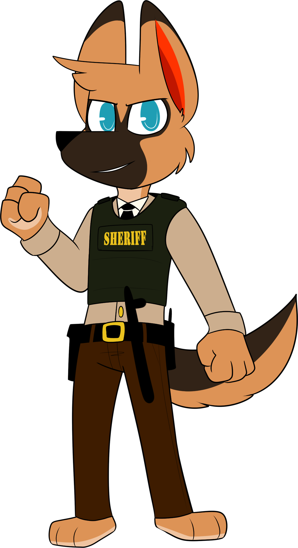 2017 3_toes 4_fingers alpha_channel anthro barefoot biped black_belt black_necktie black_nose blue_eyes bottomwear brown_body brown_bottomwear brown_clothing brown_countershading brown_ears brown_fur brown_hair brown_markings brown_pants brown_tail brown_tuft bulletproof_vest canid canine canis chokovit_(artist) clothed clothed_anthro clothed_male clothing colored countershade_face countershade_feet countershade_fur countershade_hands countershade_tail countershading digital_drawing_(artwork) digital_media_(artwork) dipstick_ears dog_ears dog_tail domestic_dog english_text feet fingers fist fur german_shepherd glistening glistening_eyes green_clothing green_topwear green_vest hair herding_dog hi_res jacket jay_shepherd looking_at_viewer male mammal markings multicolored_ears necktie no_pupils pants pastoral_dog police police_baton police_dog police_officer police_uniform prick_ears red_inner_ear sheriff shirt simple_background solo standing tail tan_body tan_clothing tan_countershading tan_jacket tan_topwear text text_on_clothing text_on_topwear text_on_vest toes topwear transparent_background uniform vest walkie-talkie white_clothing white_shirt white_topwear yellow_text