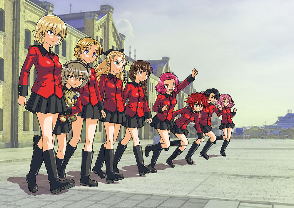 6+girls arm_up assam_(girls_und_panzer) black_footwear black_ribbon black_skirt blue_sky boko_(girls_und_panzer) boots building closed_mouth commentary_request cranberry_(girls_und_panzer) darjeeling_(girls_und_panzer) day earl_grey_(girls_und_panzer) frown girls_und_panzer grin hair_ribbon holding holding_stuffed_toy jacket knee_boots leaning_forward leg_up long_hair long_sleeves looking_at_viewer looking_to_the_side medium_hair military_uniform miniskirt muichimon multiple_girls orange_pekoe_(girls_und_panzer) outdoors parted_lips peach_(girls_und_panzer) pleated_skirt raised_fist red_jacket ribbon rosehip_(girls_und_panzer) rukuriri_(girls_und_panzer) shadow shimada_arisu short_hair skirt sky smile st._gloriana's_military_uniform standing stuffed_animal stuffed_toy teddy_bear uniform vanilla_(girls_und_panzer) walking