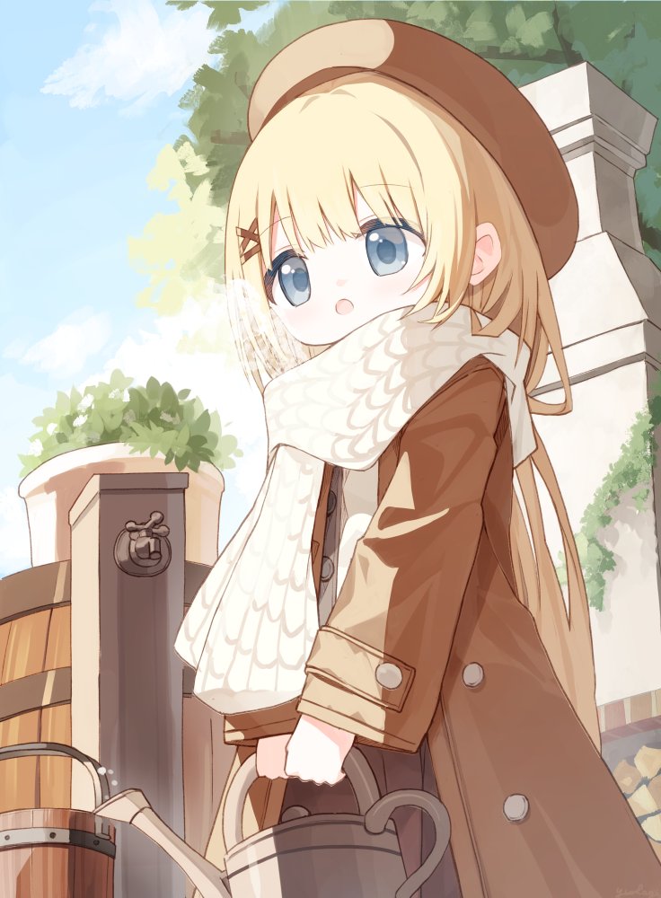 1girl :o beret blonde_hair blue_eyes blue_sky blush breath brown_coat brown_headwear bucket cloud coat commentary_request day faucet flower_girl_(yuuhagi_(amaretto-no-natsu)) grey_skirt hair_ornament hairclip hat holding long_hair long_sleeves open_clothes open_coat open_mouth original outdoors pleated_skirt scarf shirt skirt sky sleeves_past_wrists solo standing very_long_hair watering_can white_scarf white_shirt wide_sleeves x_hair_ornament yuuhagi_(amaretto-no-natsu)