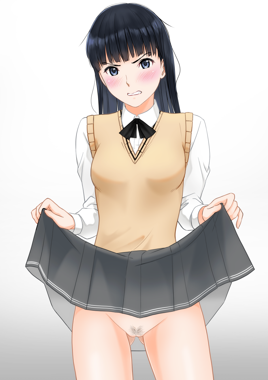 1girl amagami angry ass_visible_through_thighs ayatsuji_tsukasa black_eyes black_hair blush bottomless clenched_teeth clothes_lift cowboy_shot gradient_background grey_background grey_skirt highres kero320 kibito_high_school_uniform long_hair long_sleeves looking_at_viewer open_mouth pleated_skirt pubic_hair school_uniform shirt skirt skirt_lift solo straight_hair sweater_vest teeth v-shaped_eyebrows white_shirt yellow_sweater_vest