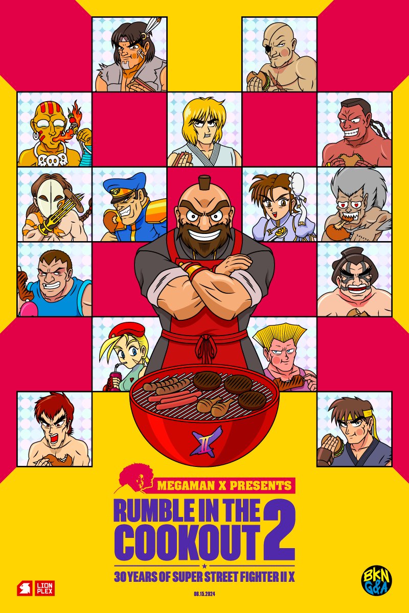 apron balrog_(street_fighter) bird blanka burger cammy_white chicken chun-li crossed_arms cup dee_jay dhalsim drumsticks eating edmond_honda fei_long food grill grin guile highres hot_dog ken_masters m._bison ryu_(street_fighter) sagat sausage smile street_fighter thunder_hawk vega_(street_fighter) zangief