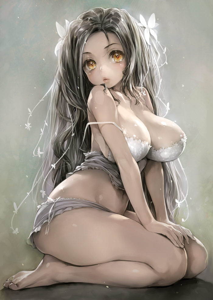 1girl barefoot black_hair blush bra breasts camisole cleavage commentary_request double_strap_slip feet flower full_body hair_flower hair_ornament ishikei kneeling large_breasts long_hair looking_at_viewer original puckered_lips revision sitting soles solo toes underwear white_bra white_camisole yellow_eyes