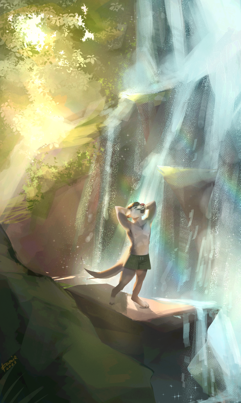 anthro bottomwear brown_body brown_tail clothed clothing day eyes_closed famir_(artist) green_bottomwear green_clothing green_shorts grin hi_res male mammal mustelid otter outside shorts smile solo standing tail tan_body topless waterfall whiskers