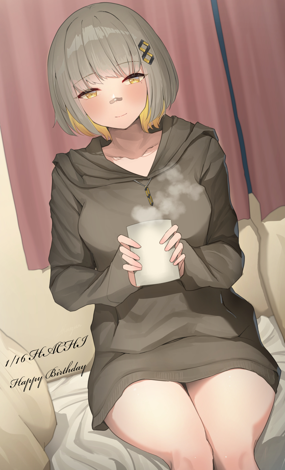 1girl bandaid bandaid_on_face bandaid_on_nose blush character_name collarbone colored_inner_hair cup grey_hair grey_hoodie hachi_(live_union) hair_ornament happy_birthday highres holding holding_cup hood hoodie indoors infinity_symbol live_union long_hoodie long_sleeves looking_at_viewer mole mole_under_eye mug multicolored_hair shirt short_hair shougun_(chuckni1) sitting smile solo thighs two-tone_hair virtual_youtuber yellow_eyes