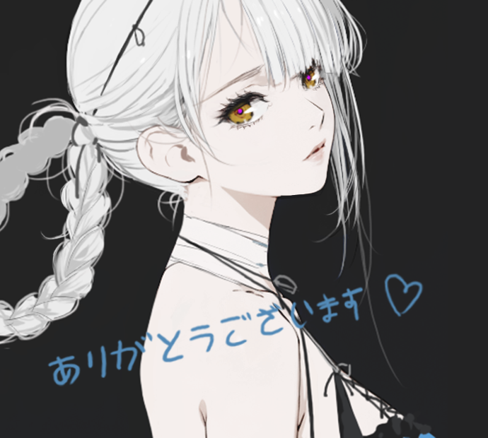 1girl bandaged_neck bandages bare_shoulders black_background blue_dress braided_hair_rings breasts commentary_request d.k dress from_side halter_dress halterneck head_tilt kaine_(nier) lips looking_at_viewer looking_to_the_side medium_breasts nier nier_(series) sideboob sideways_glance simple_background solo translation_request upper_body white_hair yellow_eyes