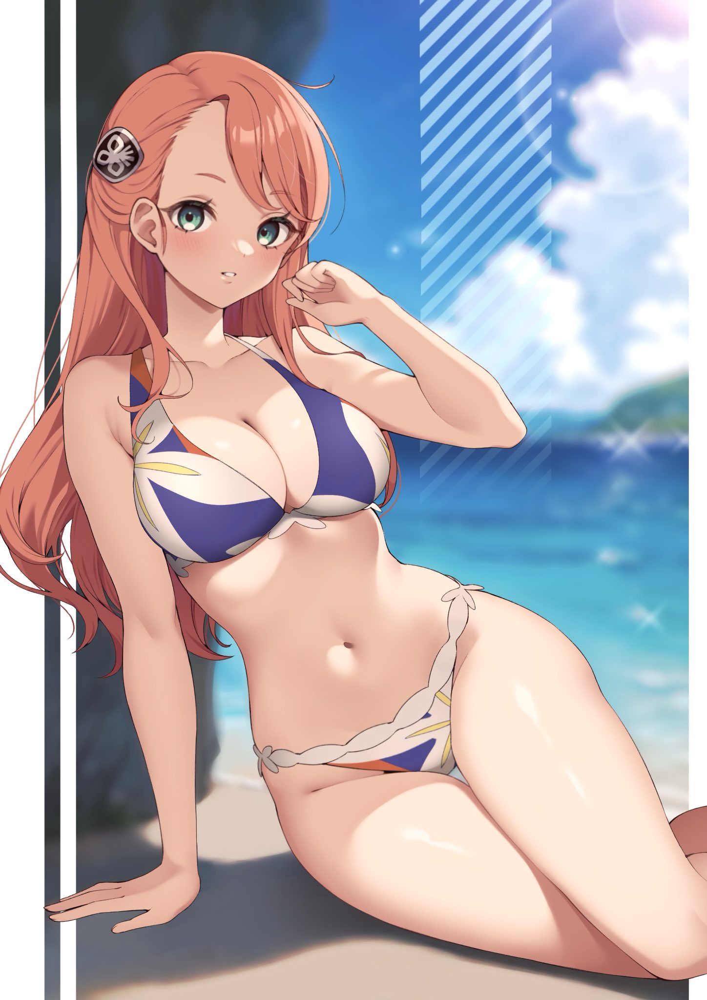 1girl aida_rayhunton arm_support bare_arms bare_shoulders beach bikini blue_sky blurry blurry_background blush breasts campbell_xx cloud commentary_request day green_eyes gundam gundam_g_no_reconguista hair_ornament halterneck hand_up highres large_breasts lens_flare long_hair looking_at_viewer multicolored_bikini multicolored_clothes navel ocean orange_hair outdoors outside_border parted_lips pillarboxed shadow shore sitting sky solo stomach sunlight swimsuit teeth thigh_gap water yokozuwari