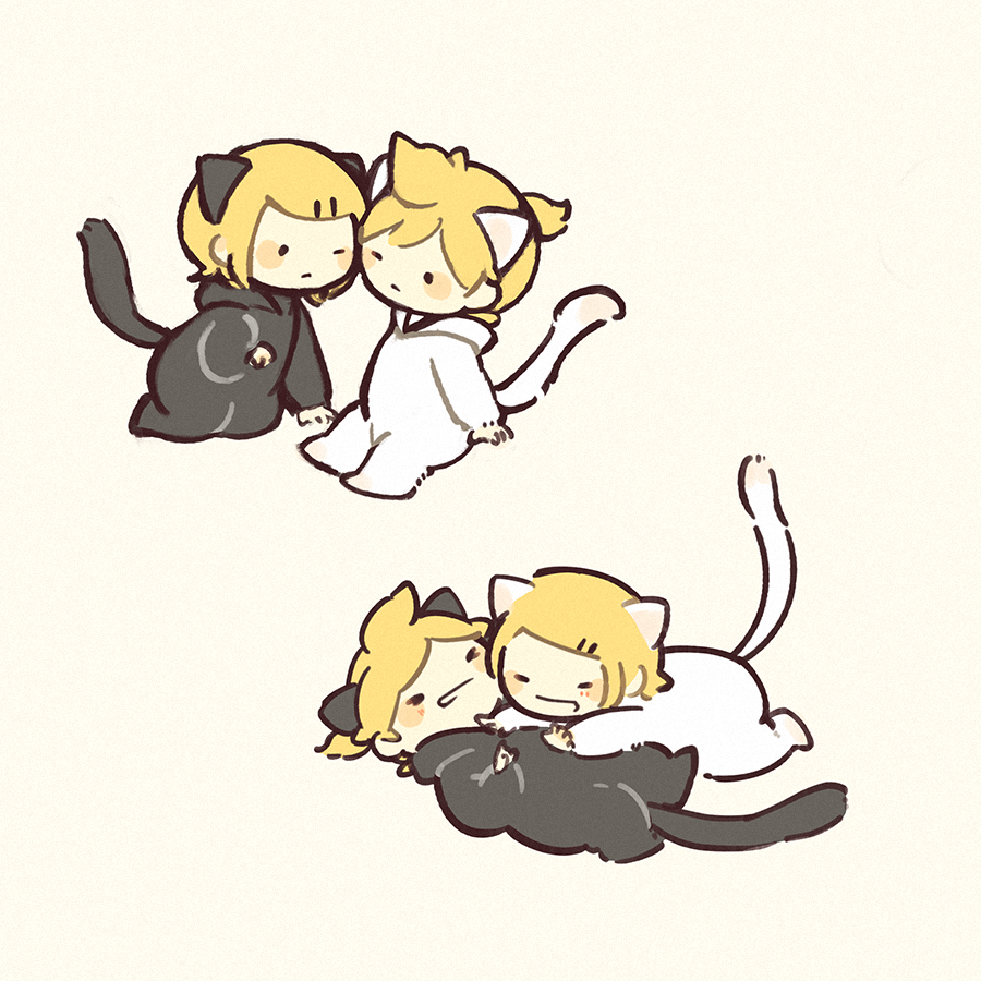 1boy 1girl animal_costume animal_ears blonde_hair blush_stickers cat_costume cat_ears cat_tail chibi fake_animal_ears fake_tail full_body hair_ornament hairclip happy kagamine_len kagamine_rin kneeling laughing lilija lying multiple_views on_back on_stomach one_eye_closed short_hair simple_background sitting tail vocaloid white_background