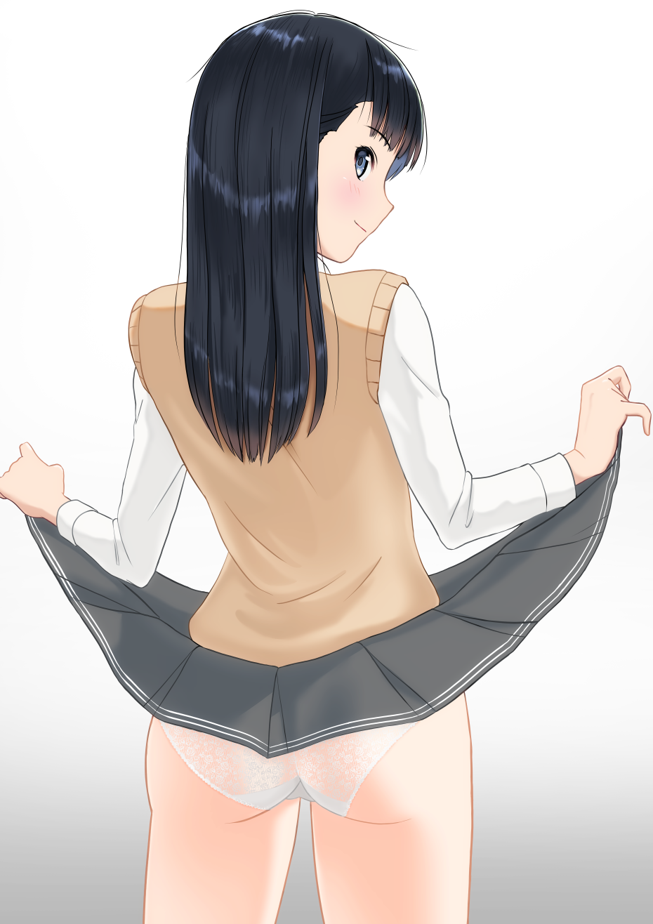 1girl amagami ass ayatsuji_tsukasa black_eyes black_hair closed_mouth clothes_lift cowboy_shot from_behind gradient_background grey_background grey_skirt highres kero320 kibito_high_school_uniform lace lace_panties light_smile long_hair long_sleeves looking_at_viewer looking_back panties pleated_skirt profile school_uniform shirt skirt skirt_lift smile solo straight_hair sweater_vest underwear white_panties white_shirt yellow_sweater_vest